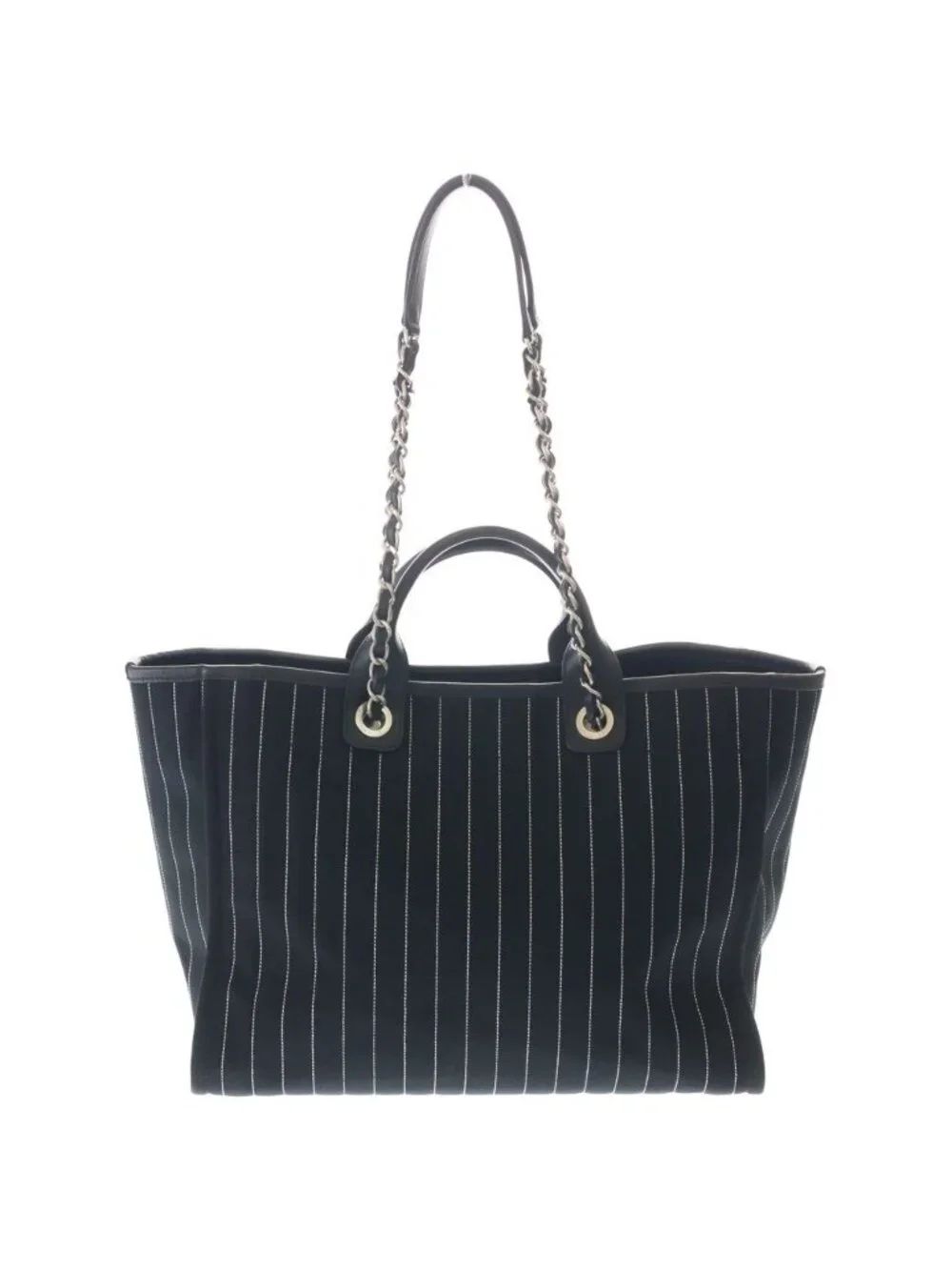 Chanel Deauville Canvas Logo Embroidery Tote Black Leather Silver
